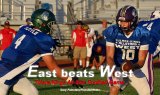 Lemoore High School's Jack Foote hands the ball off to Dinuba High School's Lucas Tuttle in the first quarter of Saturday's East West All Star game. Foote's West team lost 33-12.